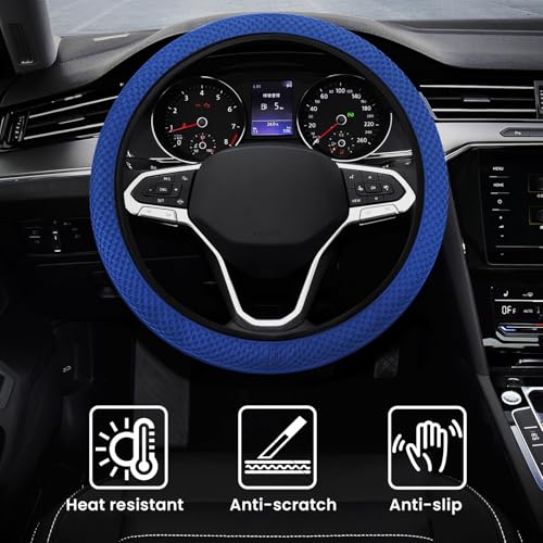 Elastic Stretch Car Steering Wheel Cover, Comfortable Steering Wheel Cover Universal for 14.5-15 Inch, Warm in Winter & Cool in Summer, Anti-Slip Breathable Ice Silk (Blue) - color: Blue