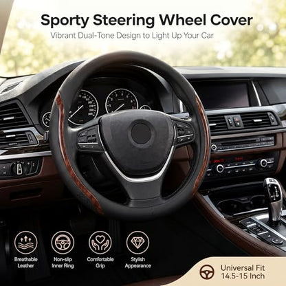 Steering Wheel Cover Black Wood Grain, Leather Car Steering Wheel Covers with Coasters Universal 14.5-15 inch Microfiber Breathable Anti-Slip Steering Wheel Accessories Set - color: WoodGrain, size: Medium