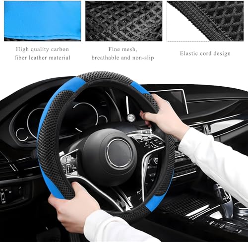 Elastic Stretch Steering Wheel Cover, Warm in Winter and Cool in Summer, Universal 15 inch Microfiber Breathable Ice Silk Anti Slip Car Interior Accessories, Odorless, (Black Blue) - color: Blue