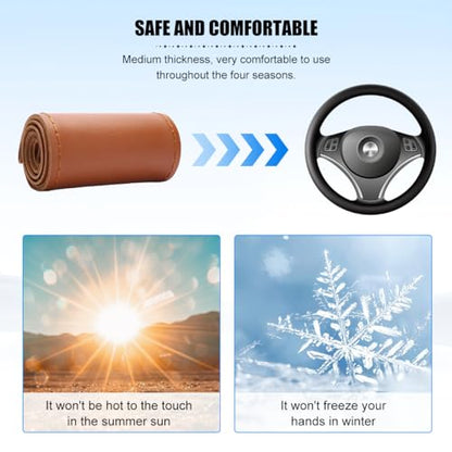 Genuine Leather Car Steering Wheel Cover, DIY Sewing Stitch on Wrap Auto Wheel Cover with Needle Thread, Breathable Anti-Slip Vehicle Steering Stitching Protector, Universal Fit (Brown/Glossy) - color: Brown/Glossy
