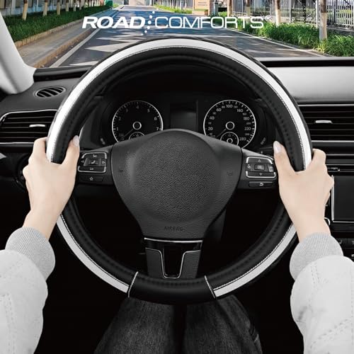 Road Comforts Leather Steering Wheel Cover – Black & Silver, Universal Fit 14.5-15 Inch, Microfiber Leather, Anti-Slip & Breathable Design for Men and Women - color: Silver
