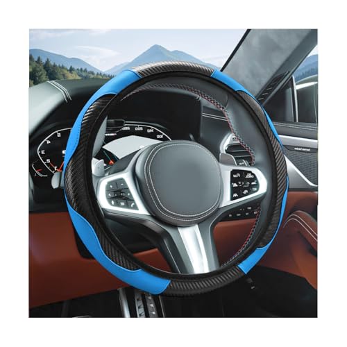 Elastic Car Steering Wheel Cover, Carbon Fiber Leather Automotive Wheel Protector, Anti-Slip Breathable Vehicle Interior Steering Accessories for Men Women, Universal Fit (Black/Blue) - color: Black/Blue