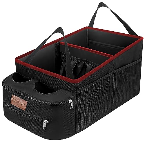 FUNNy elf Car Seat Organizer - Passenger Seat Organizer, Collapsible Car Storage with Partitions & 4 Cup Holders for Front Seat or Back Seat (Red) - color: Red