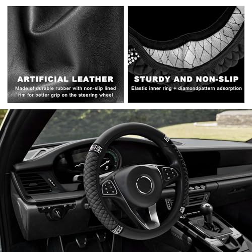 Bling Soft Leather Steering Wheel Cover, 14.5-15 Inch Sparkly Rhinestones Non-Slip Car Steering Wheel Protector, Elastic Auto Steering Wheel Cover Interior for Women Girls (Black)