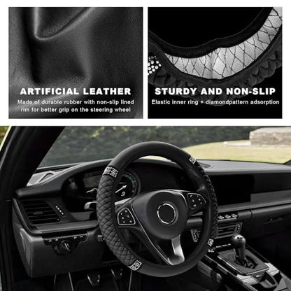 Bling Soft Leather Steering Wheel Cover, 14.5-15 Inch Sparkly Rhinestones Non-Slip Car Steering Wheel Protector, Elastic Auto Steering Wheel Cover Interior for Women Girls (Black)