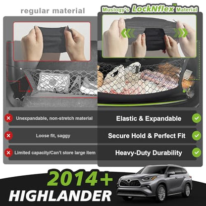 Truck Bed Cargo Net Trunk Netting Compatible with 2014-2025 2026 Toyota Highlander Accessories, Pickup Cargo Organizer SUV Sedan Storage Net w/Heavy Duty Carabiners - style: 2014+ Highlander