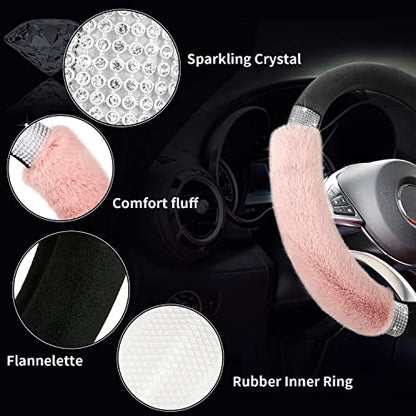 Achiou Rhinestone Fluffy Steering Wheel Cover - Comfortable Non-Slip Luxury Faux Wool, Universal Fit for 14.5" to 15" Steering Wheels - color: Black and Pink
