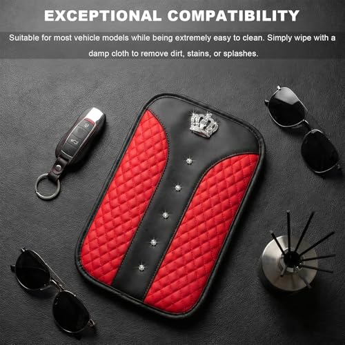 Bling Crown Car Center Console Cover, Crystal Leather Auto Armrest Box Cushion with 2 Storage Bags, Universal Crown Middle Console Cover Arm Rest Protector for Most Vehicles (Red) - color: Red