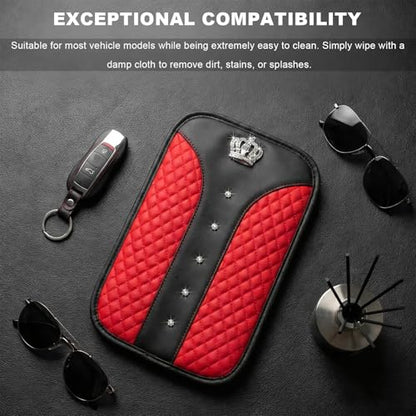Bling Crown Car Center Console Cover, Crystal Leather Auto Armrest Box Cushion with 2 Storage Bags, Universal Crown Middle Console Cover Arm Rest Protector for Most Vehicles (Red) - color: Red