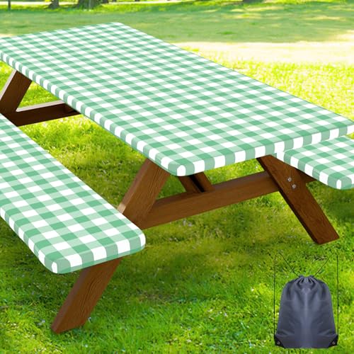 Smiry Picnic Table Cover with Bench Covers, Waterproof Elastic Fitted Tablecloths for 24x48 Rectangle Tables, Washable Buffalo Plaid Tablecloth for Camping & Outdoor (Sage Green & White, 24" x 48") - color: Sage Green and White, size: 24" x 48"