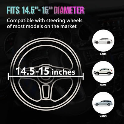Leather Steering Wheel Cover Cute, 14.5-15inch, Auto Floral Steering Wheel Protector, Anti-Slip, Breathable, Absorbing Sweat, Car Accessories for Women, Dark Blue