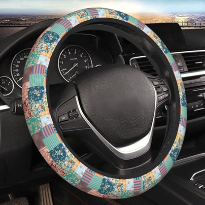 Boho Patch Elastic Steering Wheel Cover Non-Slip Breathable Steering Wheel Protector Fit Auto, SUVs, Truck - color: Boho Patch