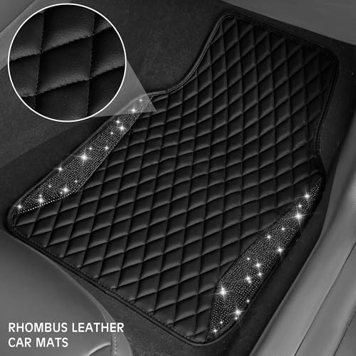 CAR PASS Bling Leather Car Mats Shining Diamond Floor Mats Sparkly Glitter Crystal Rhinestones Carpet Anti-Slip Waterproof Pad Universal Fit for Automotive SUV, Sedan, Van, 5pcs for Girl Women Black - color: Black Leather Diamond