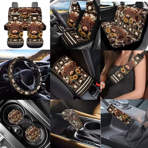 Dreaweet Aztec Brown Cow Print Car Seat Covers Full Set Cute Sunflower Highland Cow Car Accessories,Car Steering Wheel Cover Armrest Cover Seat Belt Pads Cup Holders Gear Shift Cover Handbrake Cover - color: Aztec Sunflower Highland Cow