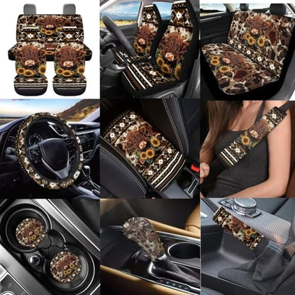 Dreaweet Aztec Brown Cow Print Car Seat Covers Full Set Cute Sunflower Highland Cow Car Accessories,Car Steering Wheel Cover Armrest Cover Seat Belt Pads Cup Holders Gear Shift Cover Handbrake Cover - color: Aztec Sunflower Highland Cow
