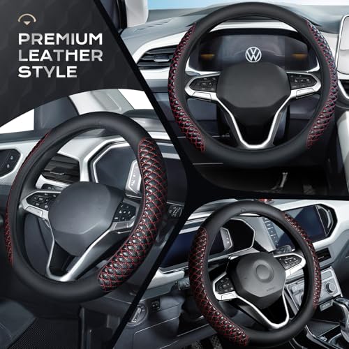 Coverado Car Steering Wheel Cover, Nappa Leather Black & Redline Steering Wheel Covers, Universal 14-15 inch, Anti-Slip, Breathable Steering Wheel Protector for Women Men - color: C-Red