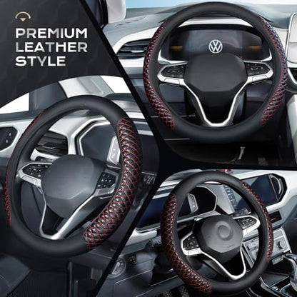 Coverado Car Steering Wheel Cover, Nappa Leather Black & Redline Steering Wheel Covers, Universal 14-15 inch, Anti-Slip, Breathable Steering Wheel Protector for Women Men - color: C-Red