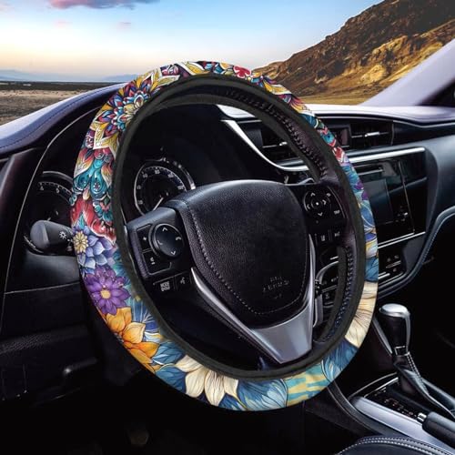 AFPANQZ Car Steering Wheel Covers for Womens Boho Flower Steering Wheel Cover Soft Anti-Slip Rubber Stretch-on Steering Wheel Protector Cover Sweat Auto Accessories Interior Decor - color: Boho Flower