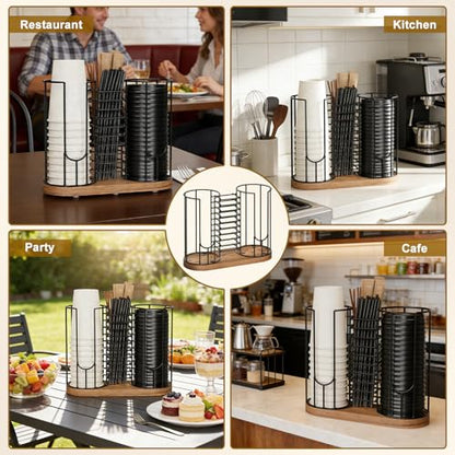 Coffee Cup Dispenser Rack with Wood Base, 18oz Cup Holder Organizer for Storing Paper Cups, Straws, Lids and Disposable Tableware(3-compartment) - color: Black 3-Compartment