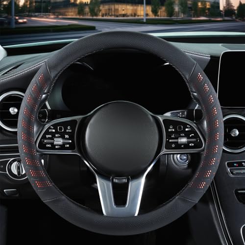 3D Premium Skin-Feel Leather Car Steering Wheel Cover, Anti-Slip Breathable Soft Slim Design, Universal 15 inch, Black with Orange - color: Black with Orange, size: Round-Medium[14.5''-15'']
