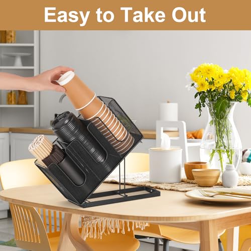 Paper Cup and Lid Holder with Straw Organizer for Countertop Coffee Station Bar Restaurant Breakroom, Metal Midsize Disposable Coffee Cup Dispenser for Plastic Cup Lid Straw, Black