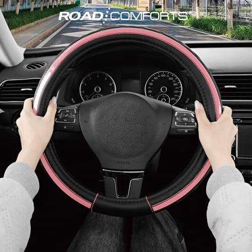 Road Comforts Leather Steering Wheel Cover – Black & Pink, Universal Fit 14.5-15 Inch, Microfiber Leather, Anti-Slip & Breathable Design for Men and Women - color: Light Pink