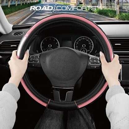 Road Comforts Leather Steering Wheel Cover – Black & Pink, Universal Fit 14.5-15 Inch, Microfiber Leather, Anti-Slip & Breathable Design for Men and Women - color: Light Pink
