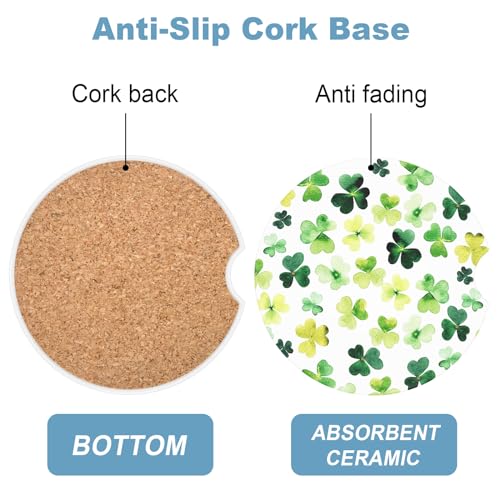 2 Pack Car Cup Holder Coaster, 2.63 inch Anti Slip Insert Absorbent Ceramic Car Coaster with Cork Base and Finger Notch, Cute Car Accessories Interior for Women, Cute Car Coasters., Clover