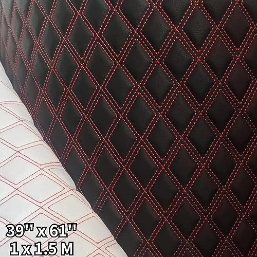 Quilted Foam Vinyl Fabric Rhombic Pattern with 0.23" Sponge Backing Faux Leather Fabric for Car Headliner, Furniture Upholstery, Headboards,Diamond 2" x 3" (Double Line) - color: Double Line