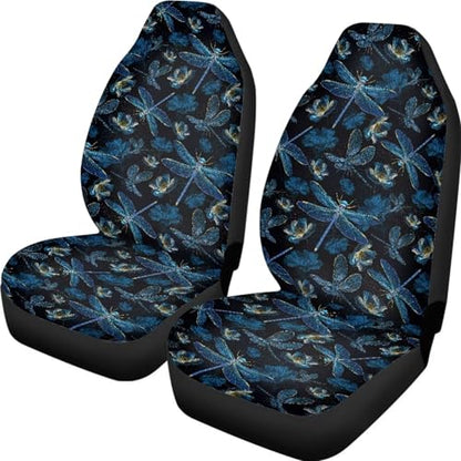 Dragonfly Print Automotive Seat Covers Front Only, Comfortable Breathable Front Car Seat Covers Universal Fit Sedan Van Truck SUV - color: Black and Blue - Dragonfly