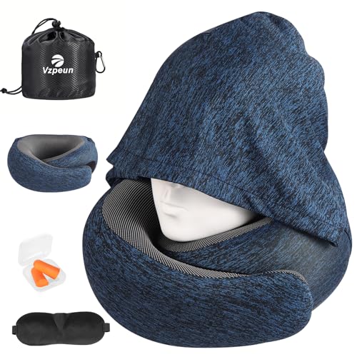 Travel Pillow - Hooded Neck Pillow Airplane Memory Foam Filling for Plane, Office, Cars Sleeping, Road Trip, Long Flights, Airplane Travel Essentials, Includes Eye Mask & Earplugs (Full Blue) - color: Full Blue