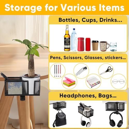 4 in 1 Metal Clip On Cup Holder Attachment for Gaming Desk or Table, Fits up to 40oz Cups, Sturdy and Easy to Clamp, Attachable Anti-Spill Cup Holder for Chair, Bedside, Bottles, Drinks - Black - color: Non - glossy Black