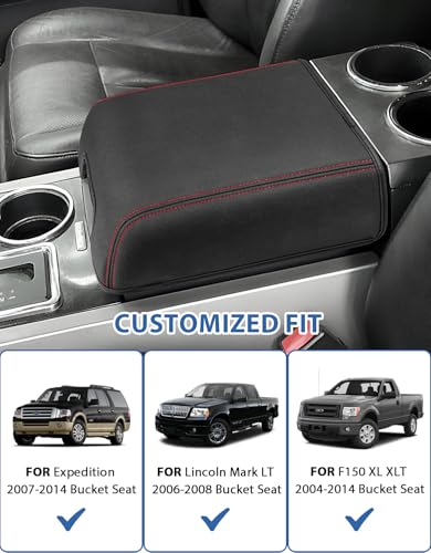 Center Console Cover for Ford F150 XL XLT 2004-2014, Expedition 2007-2014, Lincoln Mark LT 2006-2008, PU Leather Armrest Lid Protector, Anti-Scratch, Red Stitches (Fits Bucket Seat Console Only) - size: Bucket Seat, 04-14 F150 XL XLT, red stitch