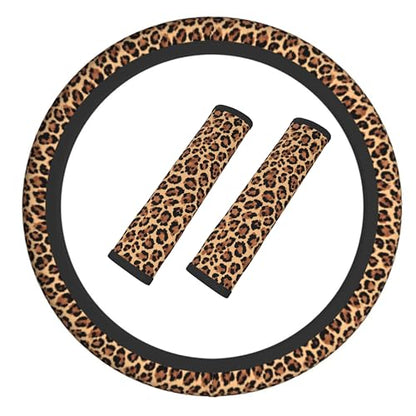 Leopard Print Steering Wheel Cover Elastic Non-Slip Car Steering Wheel Covers with Seat Belt Shoulder Pad for Women Men - color: Leopard Print