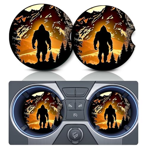 2PCS Bigfoot Mountain Car Cup Holder Coasters, Cars Coasters for Cup Holders, 2.75" Universal Anti Slip Rubber Mat with Finger Slot, Sasquatch Wilderness Car Accessories Interior Decor, Bigfoot Gifts - color: Mountain Bigfoot