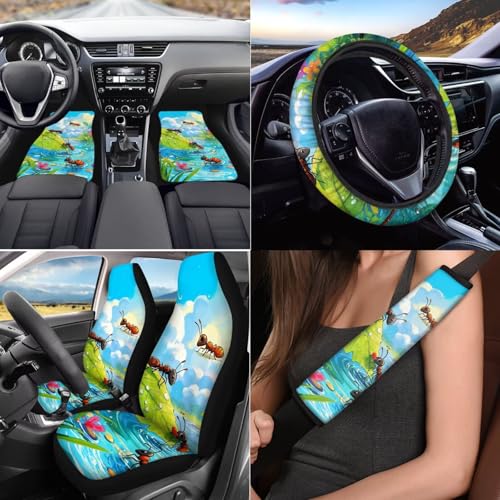 Cute Ant Print 17pcs Car Seat Covers Set Steering Cover Seat Belt Pad Carpet Floor Mat Pads Gift for Women Men 7 - color: Cute Ant Print