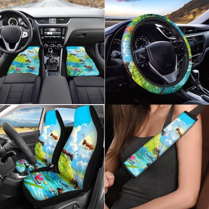 Cute Ant Print 17pcs Car Seat Covers Set Steering Cover Seat Belt Pad Carpet Floor Mat Pads Gift for Women Men 7 - color: Cute Ant Print