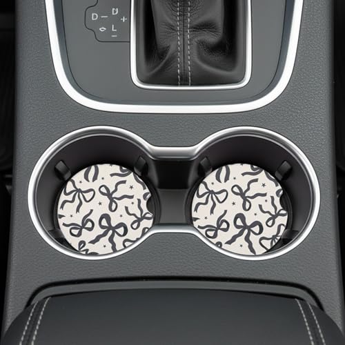 2Pcs Car Coasters for Cup Holders, Black Bow Absorbent Ceramic Car Cup Coaster Universal Anti Slip Cork Base Cup Coasters with Finger Notch Car Interior Accessories for Women