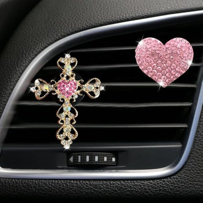 2PCS Bling Cross & Heart Car Dashboard Air Vent Trim Clip, Sparkly Rhinestone Car Air Vent Clips, Diamond Auto Diffuser Charm Clip, Auto Interior Decoration Accessory for Women Girls (Pink) - size: Pink