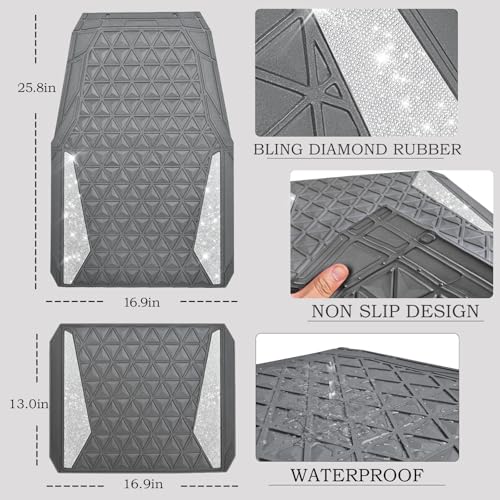CAR PASS Bling Diamond Car Mats Gray Rubber Floor Mats Full Set Anti-Slip 3D Rhombus Waterproof Trim to Fit Liner Universal Glitter Crystal Sparkly Shining Rhinestone Girl Women SUV Sedan Van All Gray - color: Gray Rubber