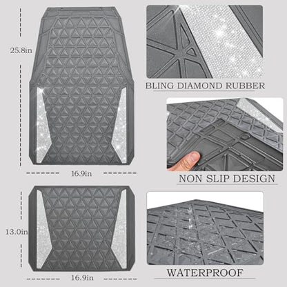 CAR PASS Bling Diamond Car Mats Gray Rubber Floor Mats Full Set Anti-Slip 3D Rhombus Waterproof Trim to Fit Liner Universal Glitter Crystal Sparkly Shining Rhinestone Girl Women SUV Sedan Van All Gray - color: Gray Rubber