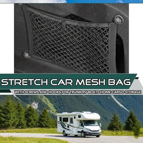 JINGKE 2 Pcs Small Cargo Net Pocket Elastic Mesh Netting Car Mesh Pouch with Screws and Hooks for Trunk RV Boats Home Cargo Storage (17.7'' x 9.8'') - size: 17.7'' x 9.8''