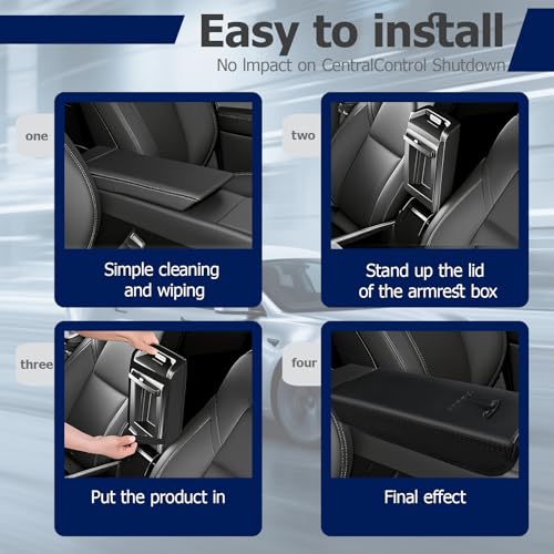 Center Console Armrest Cover for Tesla Model 3 2017-2023 & Model Y 2020-2025 - Black Genuine Leather Armrest Protector, Scratch Resistant Interior | Easy Install Skin with Bonus Key Card Holder - color: Black