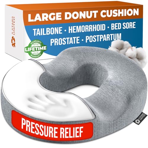 5 STARS UNITED Donut Pillow for Tailbone Pain & Hemorrhoids – Large Memory Foam Seat Cushion for Bed Sore-Prone Areas & Pressure Relief – Prostate, Postpartum & Pregnancy Support, Gray Cotton Cover - color: Gray Cotton