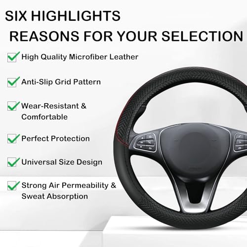 Leather Patchwork Black Steering Wheel Cover, 14.5-15 Inch Non-Slip Breathable Microfiber Car Steering Wheel Protector - color: Leather Patchwork - Black