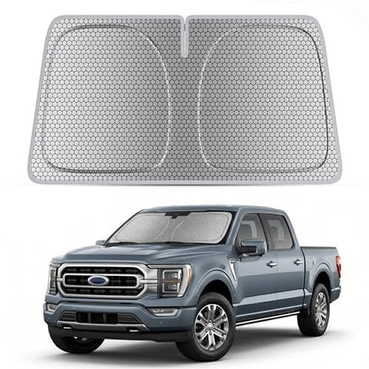 helloleiboo Windshield Sun Shade for Ford F-150 & Toyota Tundra 2021-2026 Graphene Honeycomb Heat Shield with UV Protection Foldable Custom Fit Front Window Sunshade Silver 69" x 35" - size: For Ford F-150 & Toyota Tundra (2021-2026)