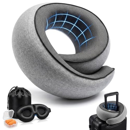 Memory Foam Neck Travel Pillow – 360° Adjustable Support, Breathable Washable Cover, Eye Mask & Earplugs, Carry Bag – Compact Airplane Pillow for Plane/Car/Train/Office (Grey) (Grey)