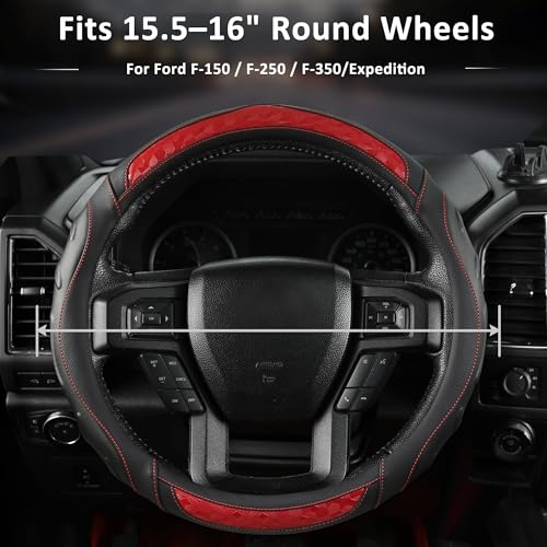 Black Seal Custom-Fit Steering Wheel Cover for Ford F-150, F-250, F-350, Expedition, 15.5–16", Anti-Slip PU Leather (Black+Red) - color: Black+Red