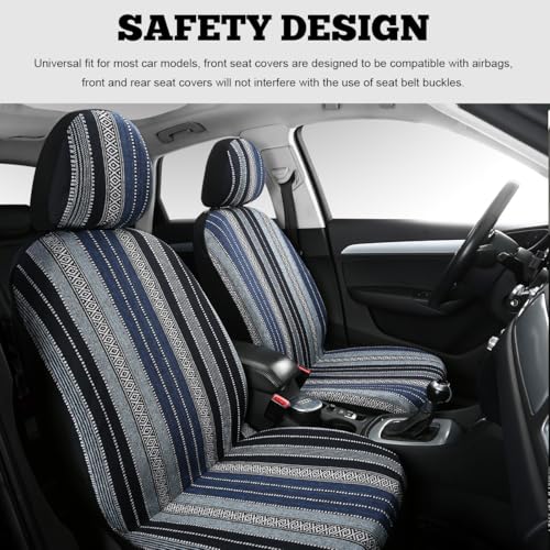 4PCS Baja Saddle Blanket Car Seat Covers, Front Set Breathable Washable Seat Covers with Seatbelt Pad, Striped Woven Cloth Airbag Compatible Seats Protector for Most Vehicles (Blue Stripe) - color: Blue Stripe