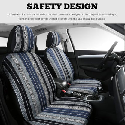 4PCS Baja Saddle Blanket Car Seat Covers, Front Set Breathable Washable Seat Covers with Seatbelt Pad, Striped Woven Cloth Airbag Compatible Seats Protector for Most Vehicles (Blue Stripe) - color: Blue Stripe